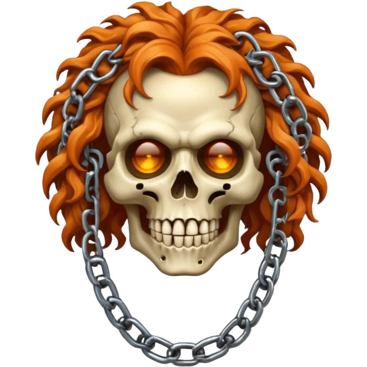 cinematic realistic steampunk Megadeth iconic skull mascot with a rusty chain in his teeth, huge curly orange hair emoji