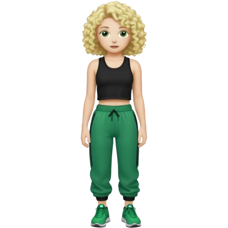 A white curly with curly blonde hair wearing a black crop top and baggy green sweatpants  emoji