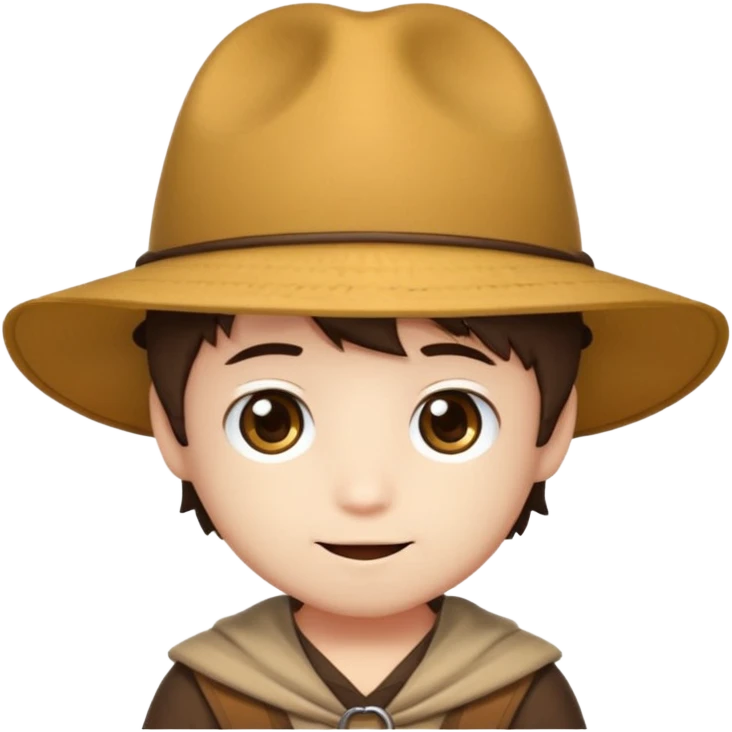 Um rosto kawaii macho de olhos castanhos com chapéu de aventureiro chibi e sorrindo emoji