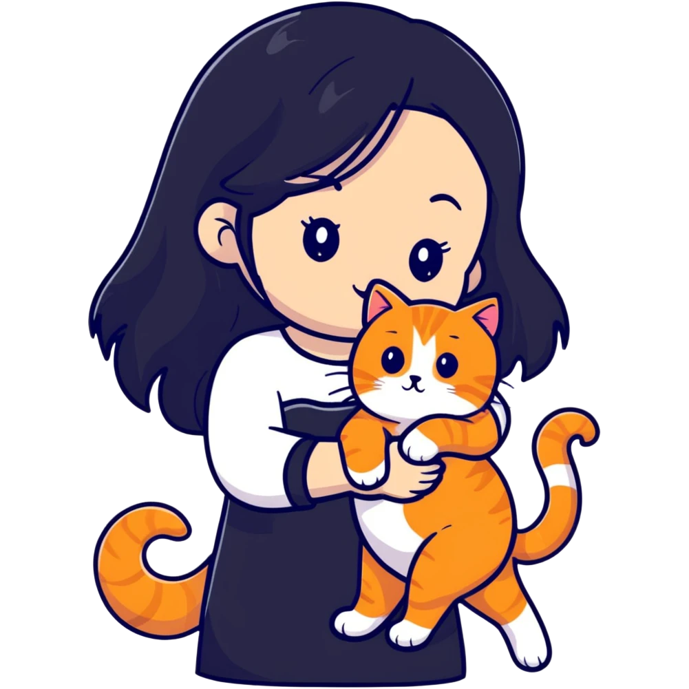 beautiful girl with elegant long black hair holding a cute ginger cat emoji