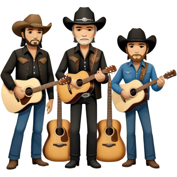Icon for Country Music: The Highwaymen—Johnny Cash, Willie Nelson, Waylon Jennings, and Kris Kristofferson—standing together with guitars, cowboy hats, and rugged outlaw country aesthetics. Warm tones, western scenery hints, and a transparent background. emoji