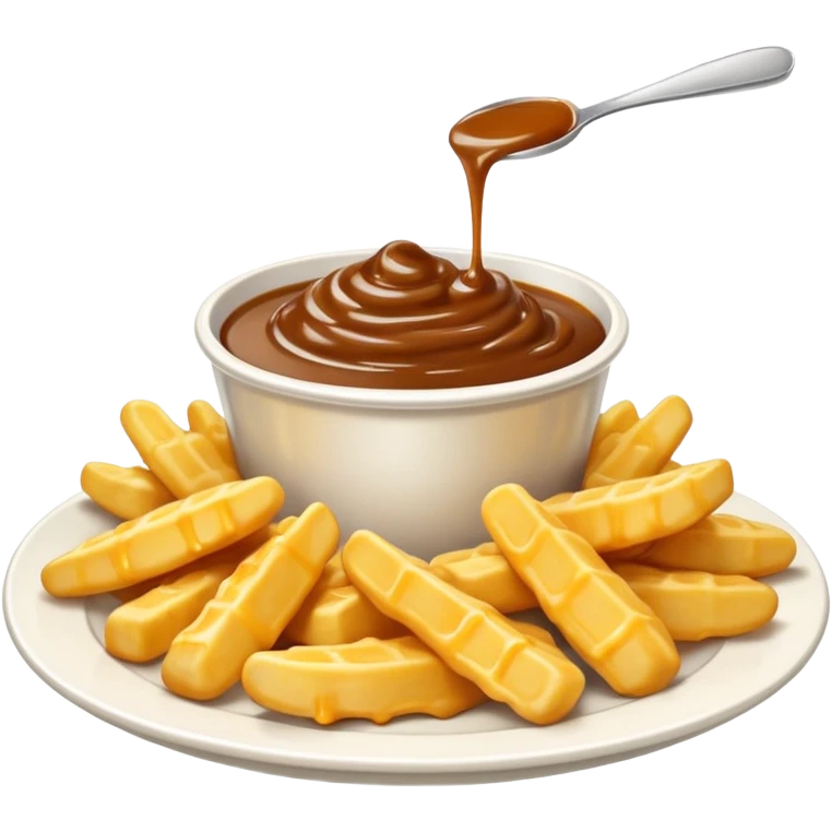 cheese curds with gravie on fries in a white plate emoji