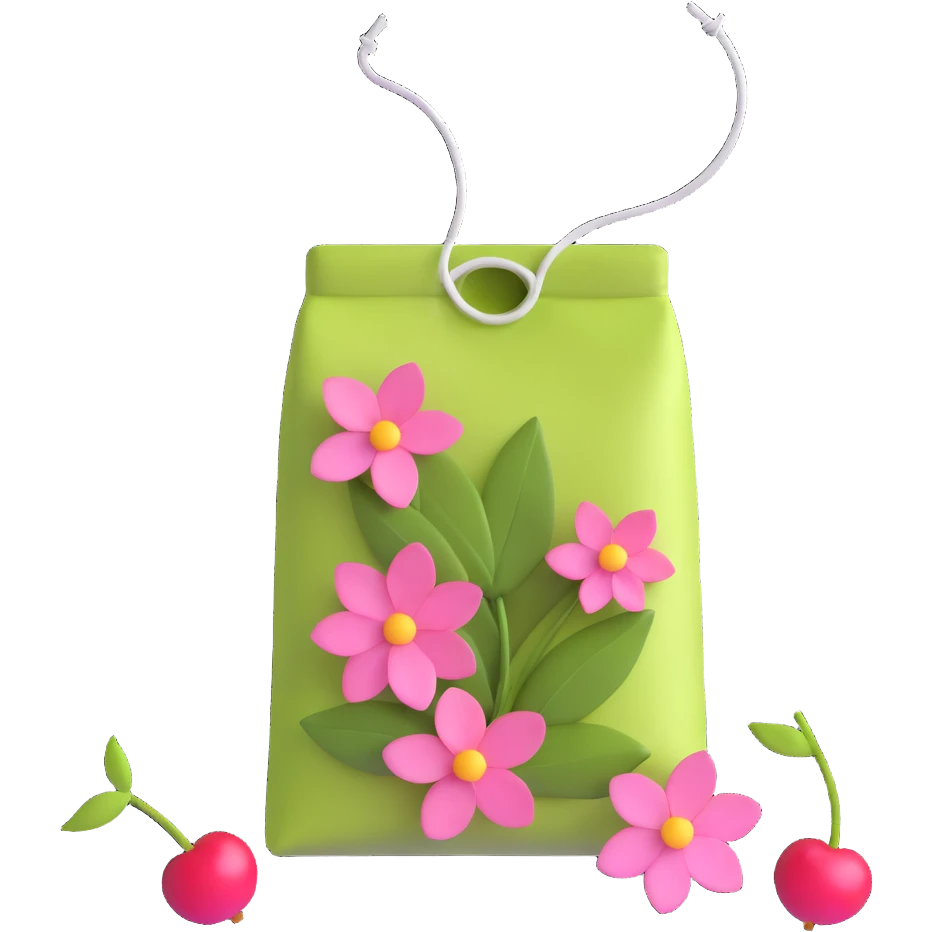 A tea bag with pink flowers and cherries emoji