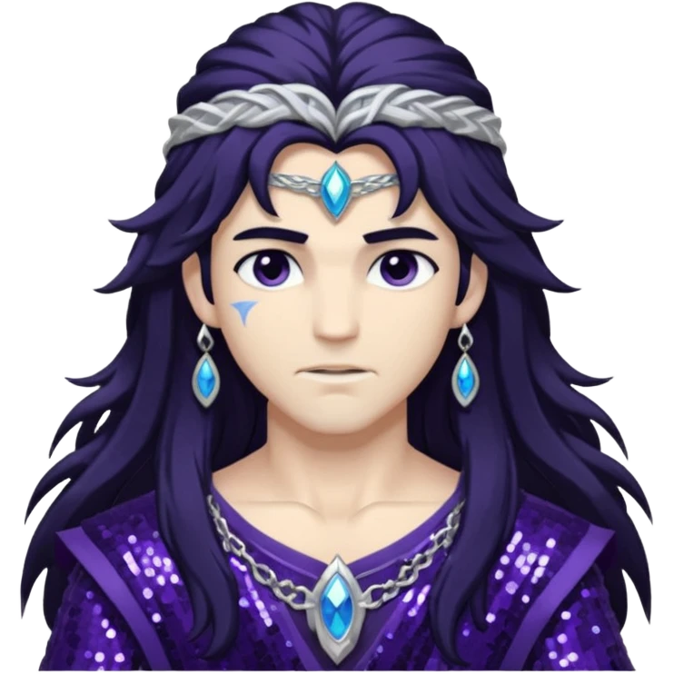 Boreas, God of North Wind from Gods and Goddesses with long black shaggy hair, dark purple sequin outfit emoji