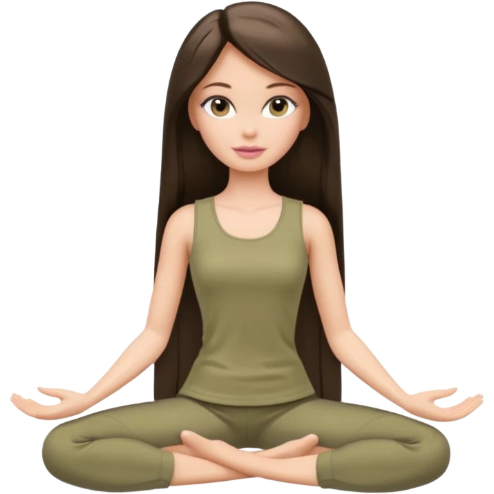 A white Barbie girl with long dark brown straight hair in a pale olive clothes Sitting on the splits emoji