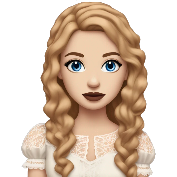 White girl with shoulder length straight hair a mix between dark ginger and dark blonde. Blue eyes long eyelashes rose cheeks and nude lipstick and bold eyeliner. Wearing frilly blouse with exaggerated puff sleeves and lace emoji