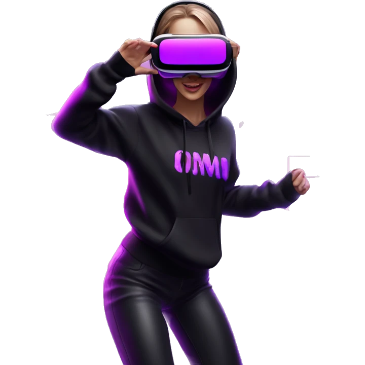 Russian girl wearing black hoody with violet letters "OMG", in vr headset oculus quest2. Dancing. Cyberpunk style. Violet neon. emoji