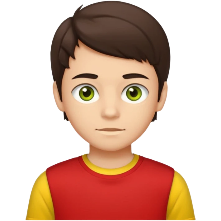 A portrait of a 14-year-old boy, he's got dark-brown hair, luight brownish skin and green hazel eyes. he's wearing a red t-sirt with yellow sleeves. emoji