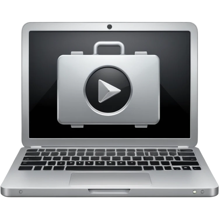 laptop with a play button and gear above emoji