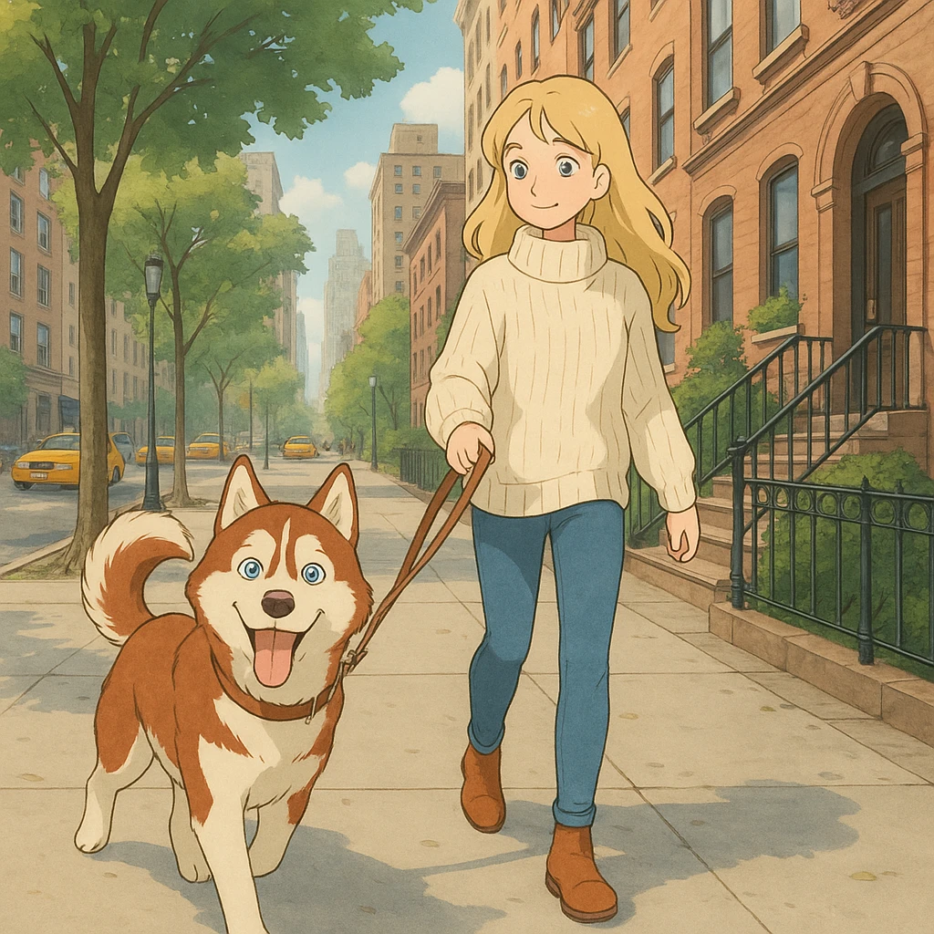 Cute Blonde woman wearing a sweater walking a happy red-brown blue-eyed Siberian husky in New York City on an upper east side city sidewalk  emoji
