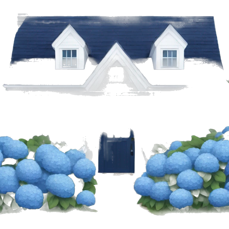 Navy blue shingle beach house with hydrangeas lining the drive way  emoji