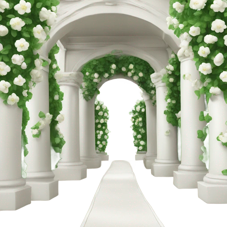 wedding arch made of columns with white flowers and green petals on it emoji