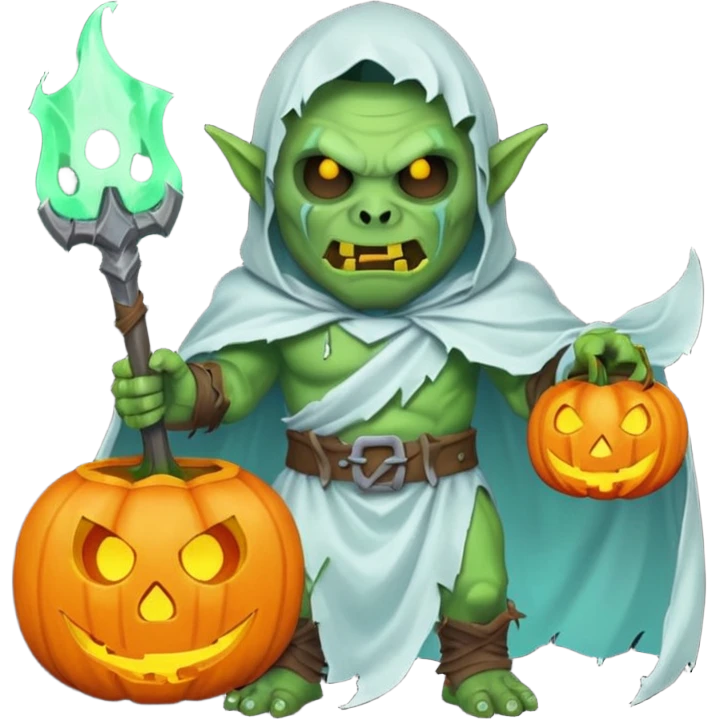 male orc warrior ghost emoji, green skin, tusks, wearing torn white ghost sheet costume, holding glowing jack-o'-lantern, faint blue aura, friendly but spooky expression, Halloween fantasy theme, Apple emoji style, clean white background, square emoji