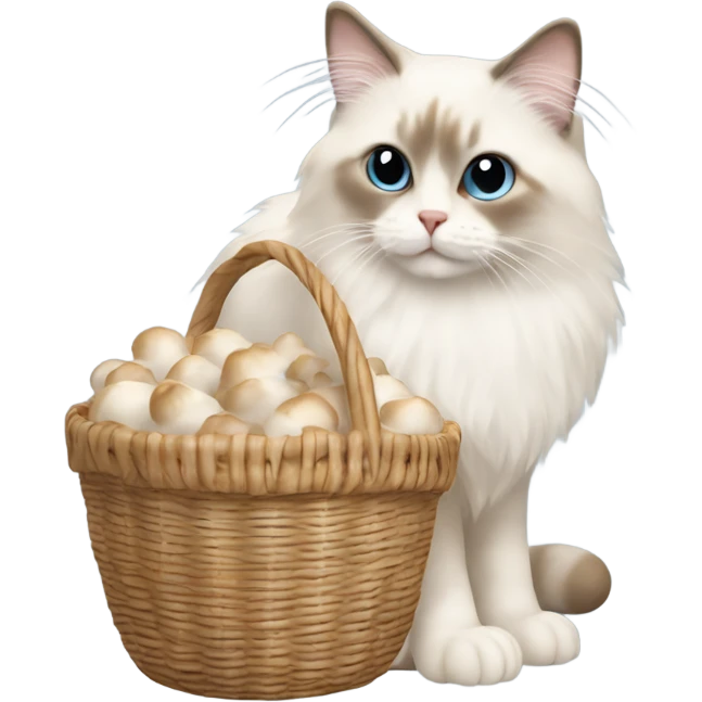 Beige Ragdoll cat carrying a basket of white mushrooms  emoji
