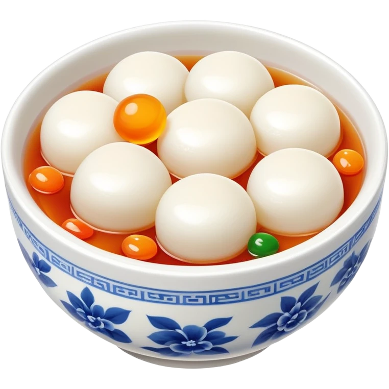 Lantern Festival tangyuan sweet rice balls in syrup with festive elements, simplified emoji style with bold outlines and bright colors, cartoon style colorful glutinous rice balls emoji