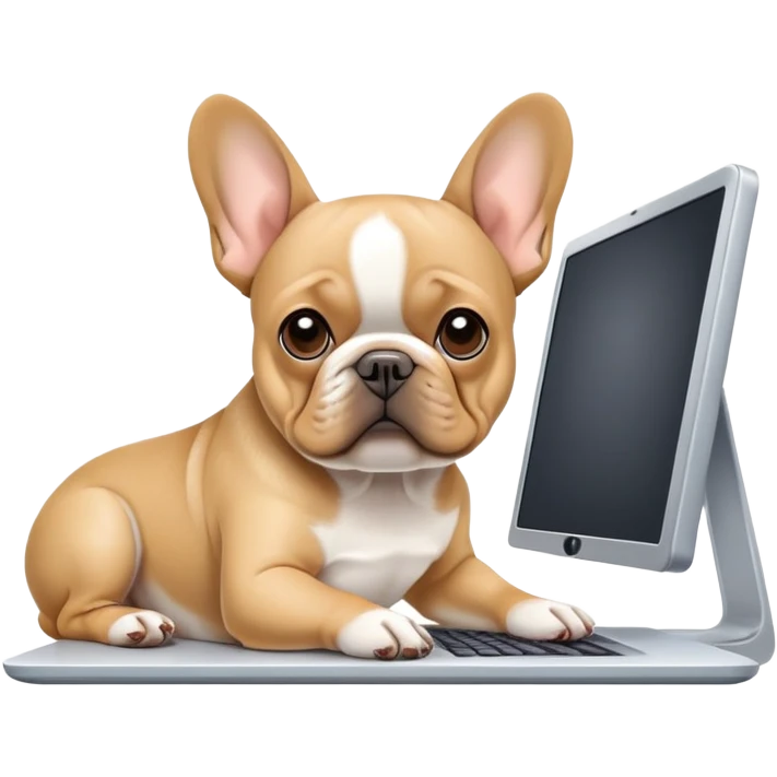 Tan french bulldog working behind computer emoji