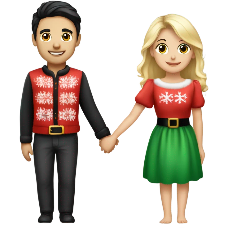 A couple (a handsome young Italian guy with black hair, pretty German/English girl with blonde hair) holding hands wearing Christmas outfits emoji