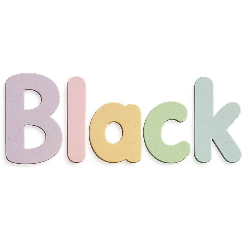 the word 'Black' in soft pastel rainbow rounded sans-serif font, kawaii style, no outline, 3D paper-craft effect emoji