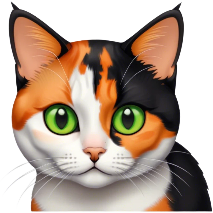 American shorthair calico cat with big green eyes and black fur on the right side of their face and orange on the left side sitting down emoji