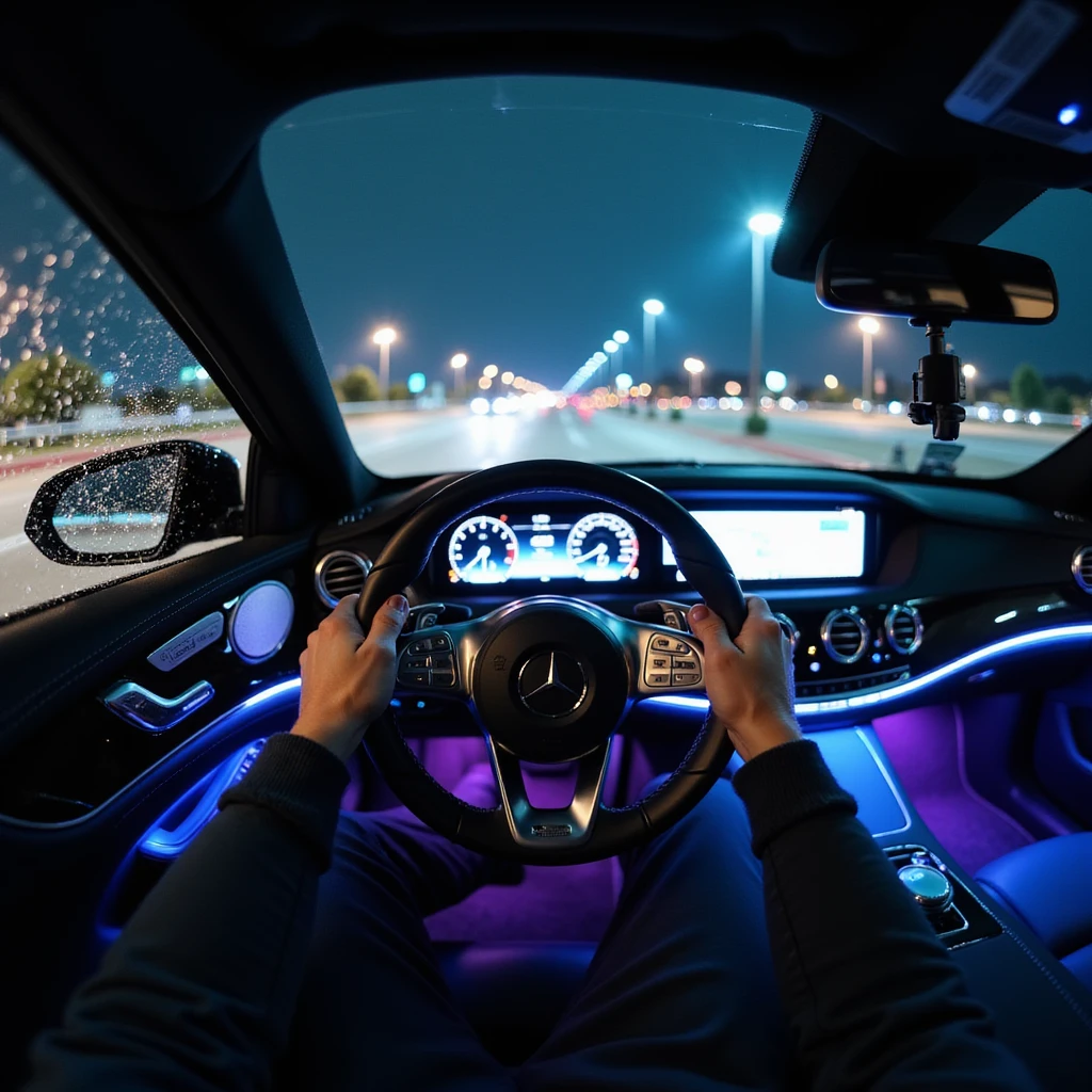 night point of view from GoPro camera mounted on driver's chest, looking over steering wheel of 2025 Mercedes S-Class in parking lot, luxury interior with blue and purple ambient lighting, both hands on wheel, rainy windshield with blurred outside, hyperrealistic cinematic style emoji
