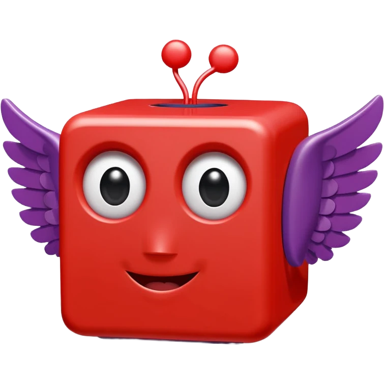 playful red cube figure with white accents, featuring large cartoonish eyes with question marks, a smiling mouth, and small wings attached to its sides emoji