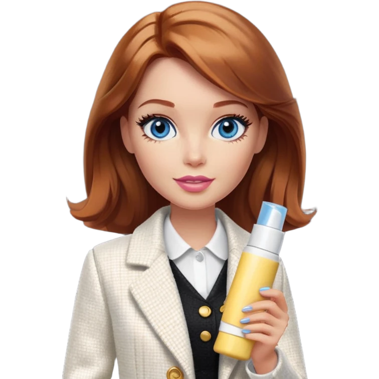 A Barbie girl with blue eyes, shoulder-length reddish-brown hair, made-up, in a white tweed jacket and black skirt, holding a tube of pale yellow face cream emoji