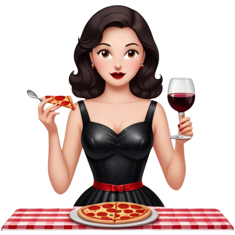 Beautiful woman in 1950’s woman fashion look, black shimmery dress, long dark brown hair, red wine, Pepperoni pizza emoji