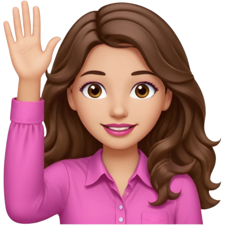 girl with long wavy brown hair, brown eyes, light to medium complexion, in a pink shirt, pink lips, long lashes, puckered lips, both hands in teh air emoji