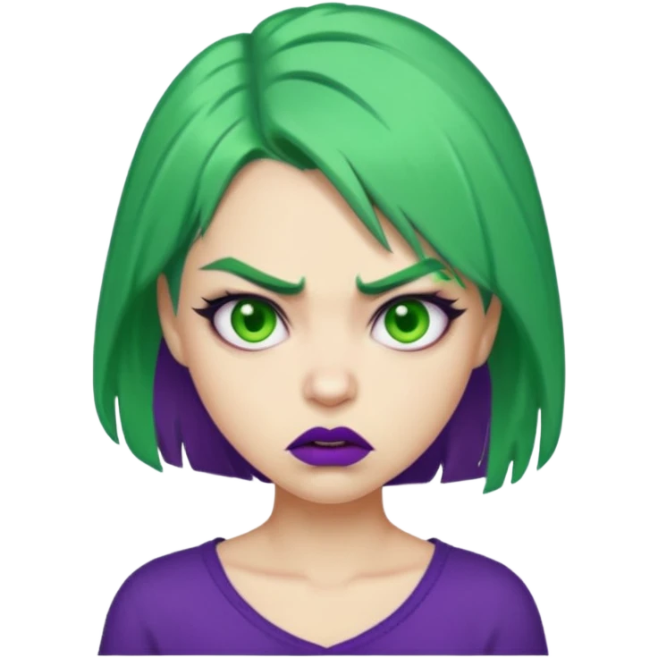 girl with green hair, purple lipstick, angry expression emoji