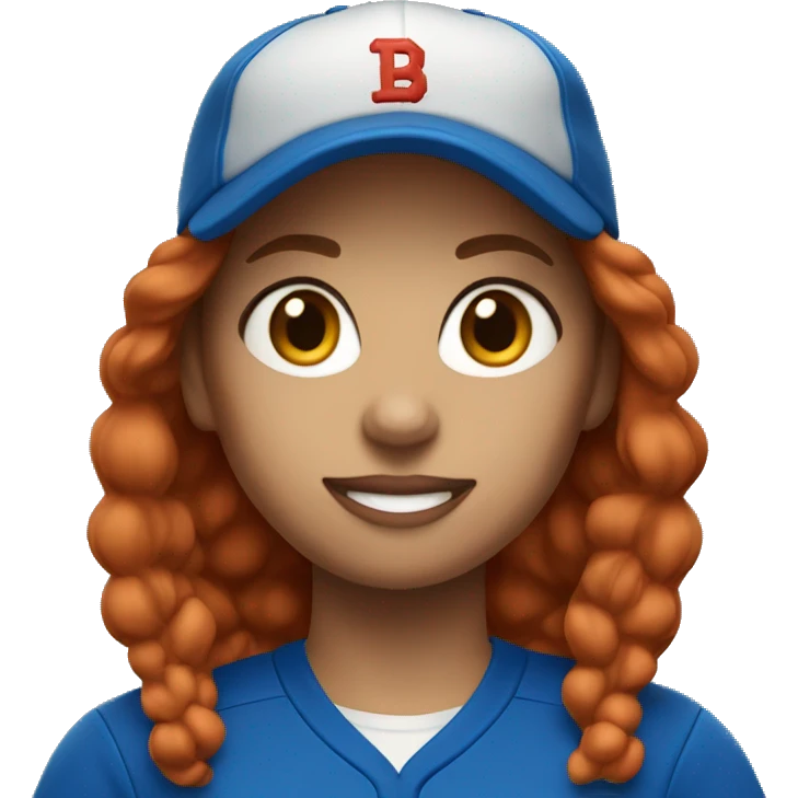 female coach with red hair in blue shirt and with a blue baseball hat emoji