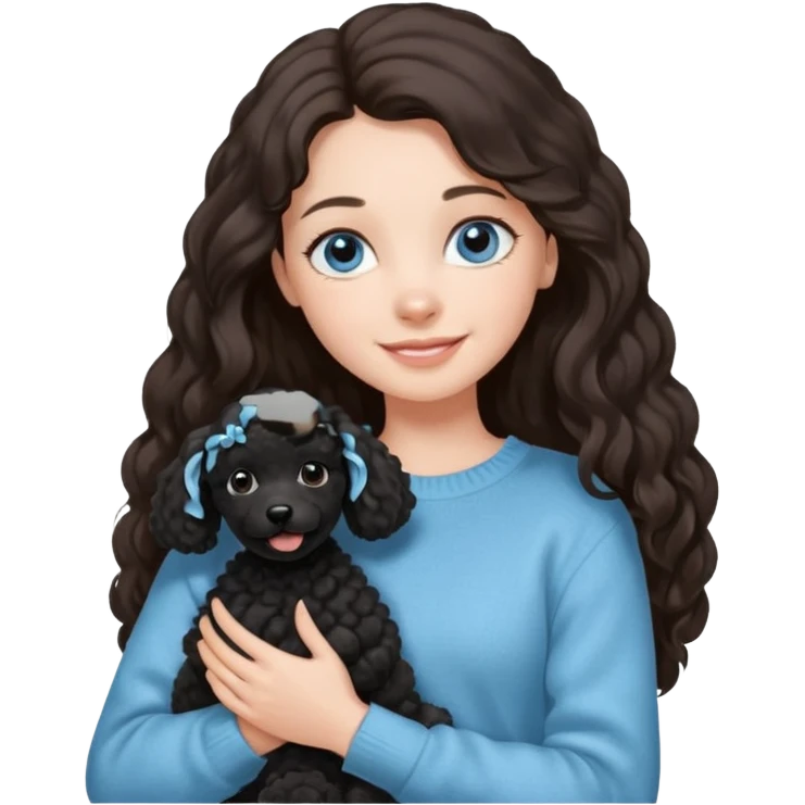 One Brunette girl with blue eyes and long hair in a light blue sweater holds one black Poodle puppy in her arms emoji