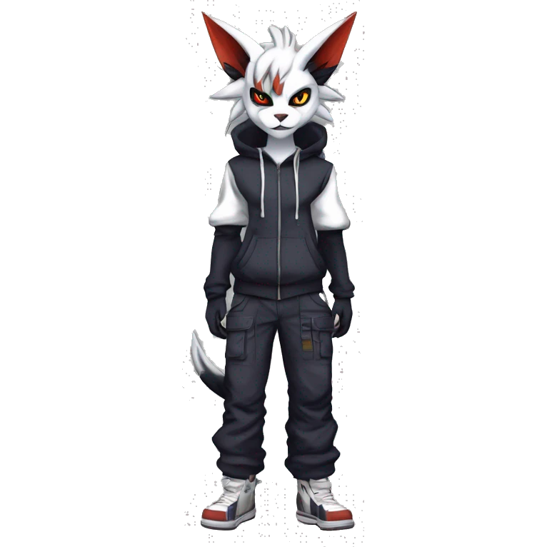 Cool Anthro Absol-Noivern-Litten-Lynx-Pokémon with edgy stripes hoodie spiked collar punk techwear Cargo Pants Full Body emoji