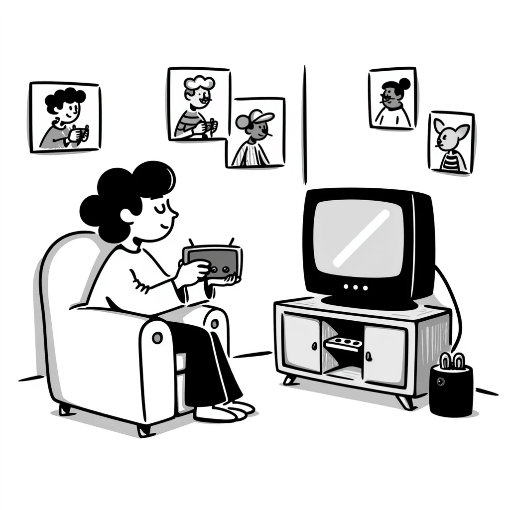 A retro gamer room with pixel posters and a console hooked to a tube TV emoji