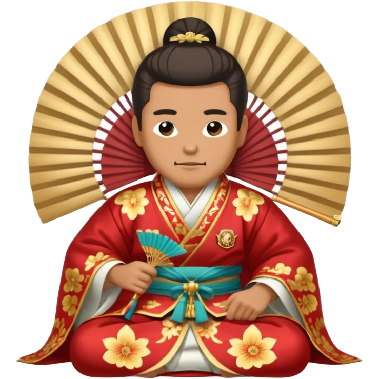 Wealthy warlord in ornate kimono, crest on chest, seated with fan in hand. emoji