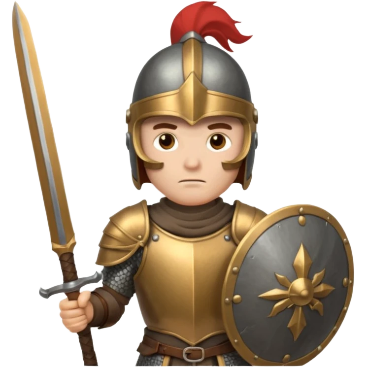 An emoji of the Roman god Mars. He is a warrior with a helmet and armor, holding a sword and shield, with a fierce expression. emoji