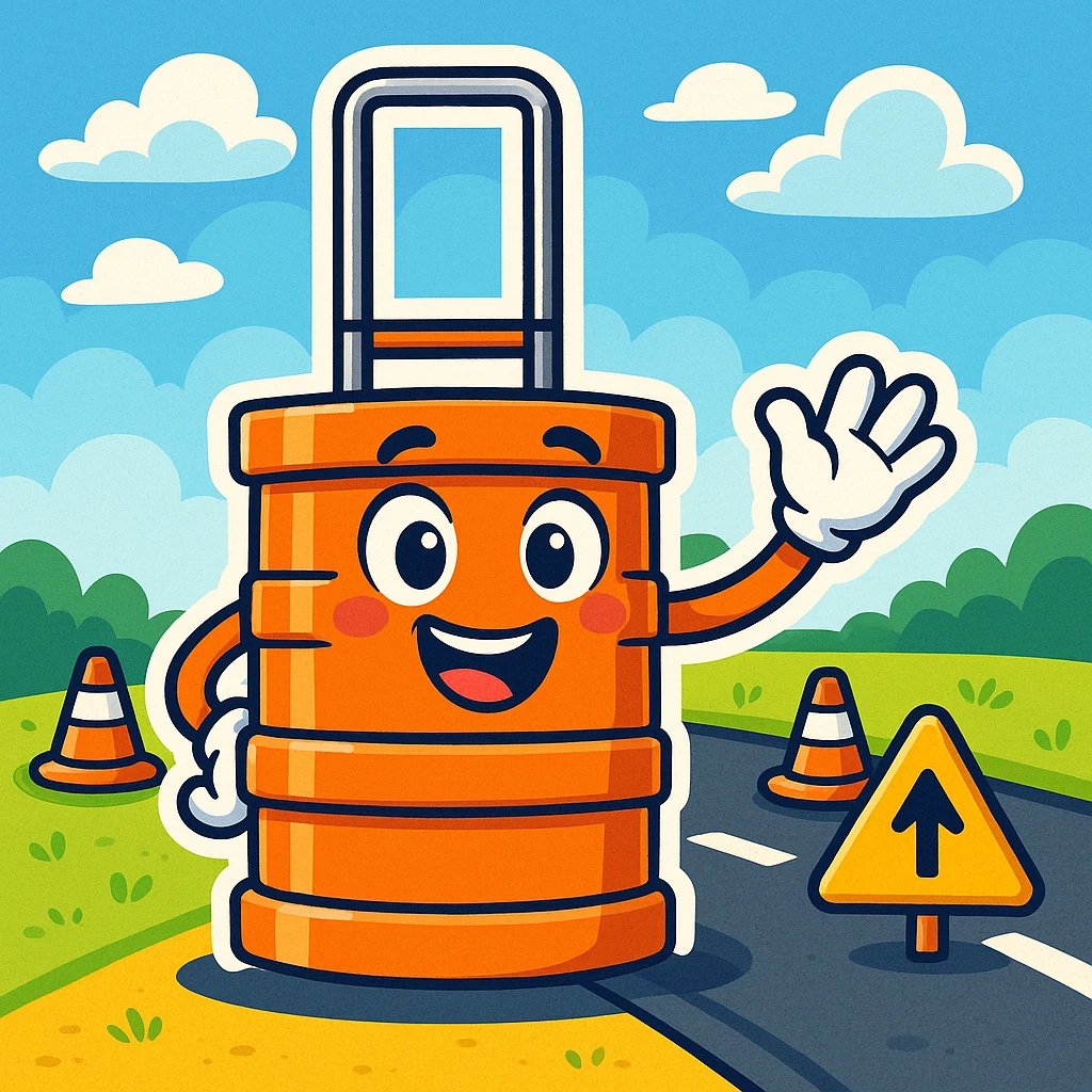 Make a fun cartoon scene with the orange road construction barrel as the main character. Add a bright, playful background with a road, some traffic cones, and a blue sky with clouds in the style of cartoonish stickers. emoji