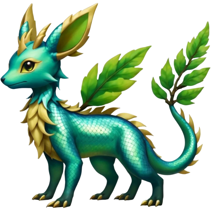 Shiny Iridescent Helioptile-Salandit-Leafeon-Fakémon-hybrid-creature (full body)  emoji