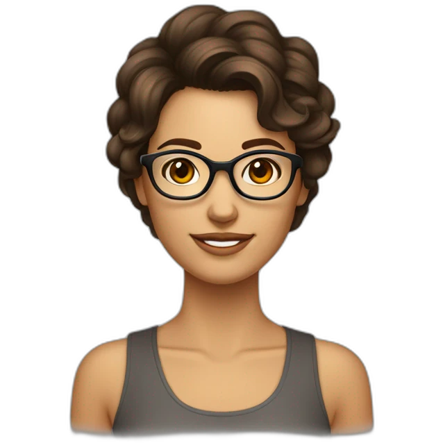 femme brune un peu bronzée avec des cheveux court et bouclée et des lunettes emoji