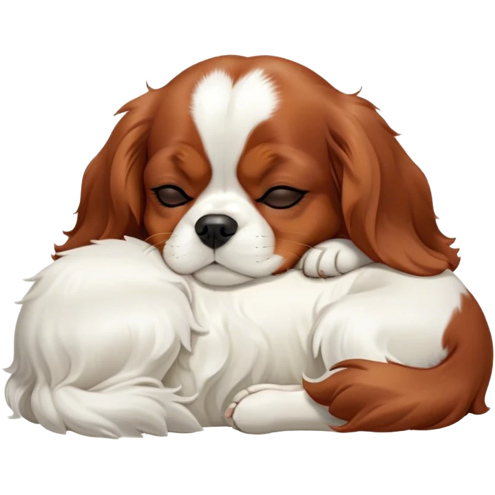 Cinematic Meme-Worthy cute Sleeping Cavalier King Charles Spaniel Portrait Emoji, Head resting peacefully with a contented smile, showcasing a delightfully cute build and a luxuriously soft coat of chestnut and white, eyes shut in a serene nap, Simplified yet hilariously adorable features, highly detailed, glowing with a soft, drowsy light, high shine, relaxed and utterly lovable, stylized with an air of playful laziness, bright and heartwarming, soft glowing outline, capturing the essence of a comically sleepy Cavalier King Charles Spaniel, so meme-worthy it feels like it could instantly become the next viral sensation of adorable slumber! emoji