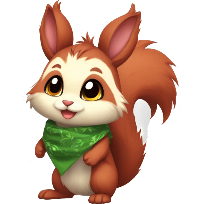 Cute, Chibi, chubby, fluffy, Kemono-style, Anthro, Fur-Sona, Dark-Red, Squirrel-Rabbit-hybrid-Fakémon, with a green bandana, full body emoji