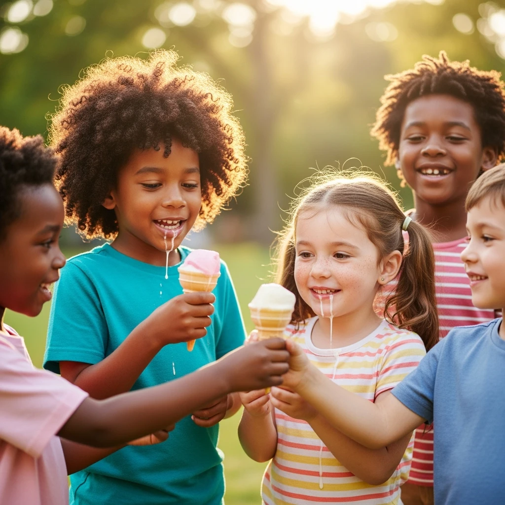 happy children with melting ice cream cones emoji