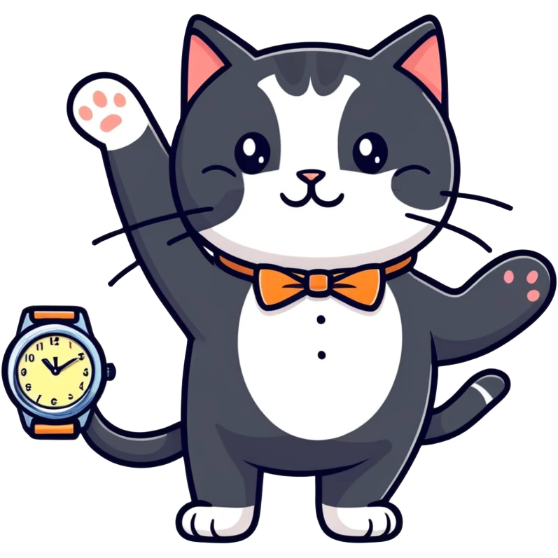 Tuxedo Cat pointing at watch emoji