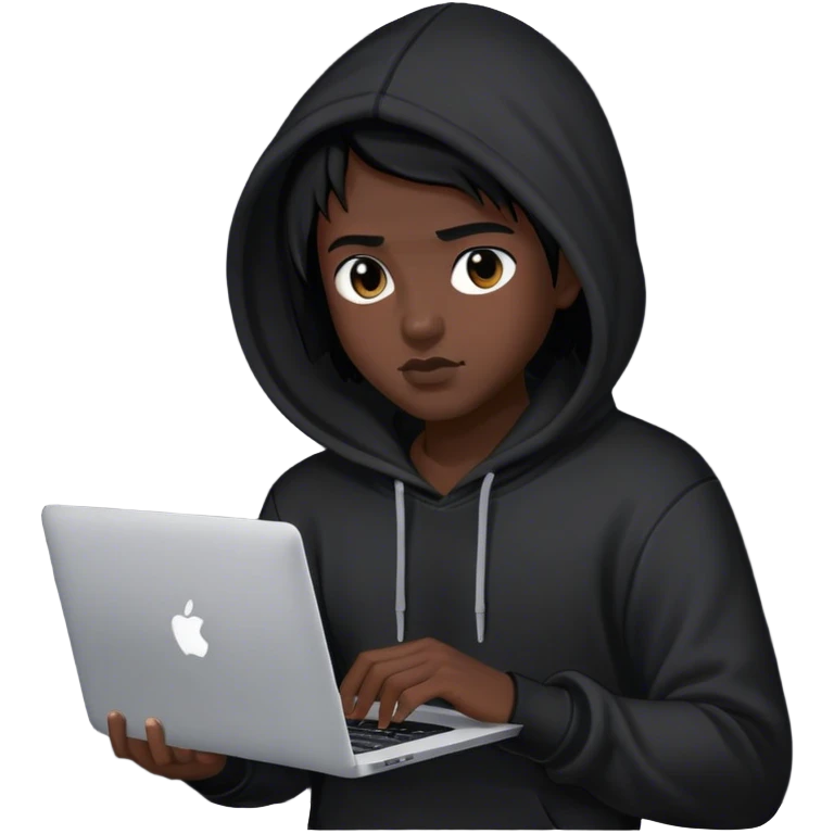 hackeur cheveux noir et capuche noiravec un macbook emoji