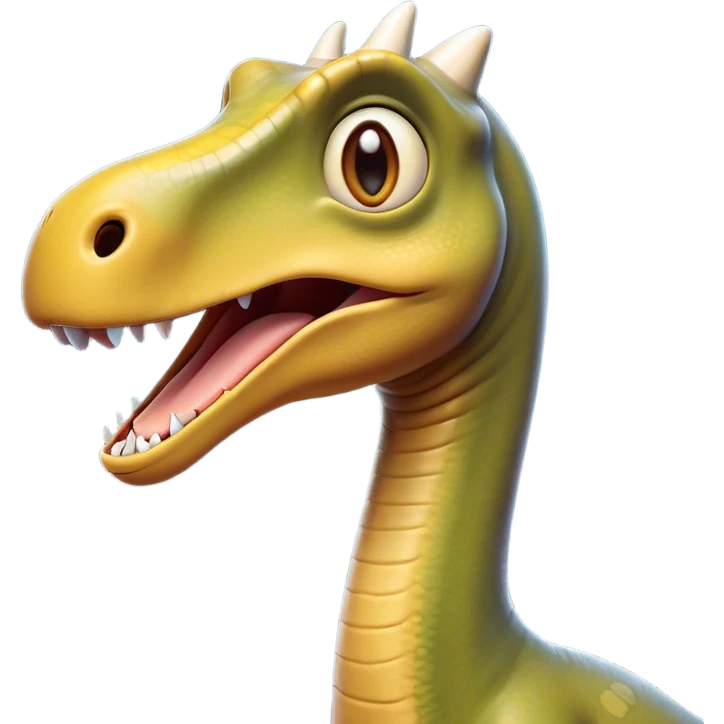 Cinematic Comical Brachiosaurus Portrait Emoji, Head tilted dramatically with an exaggeratedly surprised expression, featuring a tiny, animated head atop an impressively long neck, with wide, comically expressive eyes and a subtly quirky posture, Simplified yet humorously expressive features, highly detailed, glowing with a slightly sassy golden glow, high shine, dramatic yet playful, stylized with an air of cheeky prehistoric mischief, soft glowing outline, capturing the essence of a meme-worthy Brachiosaurus that looks ready to playfully leap its way into viral fame! emoji