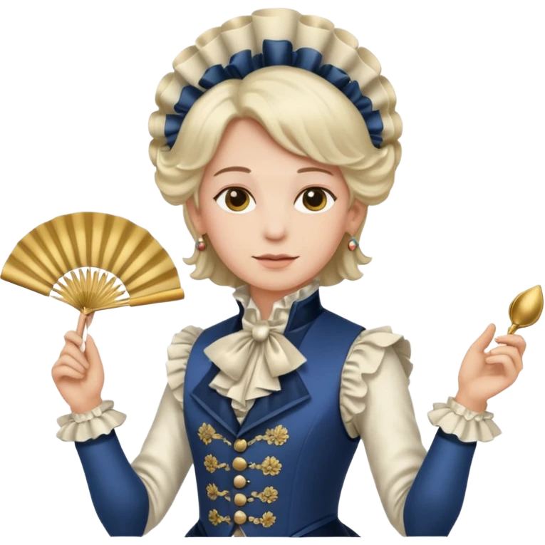 An emoji portrait of a French aristocrat. He wears a powdered wig and a silk waistcoat with a ruffled jabot. His expression is poised and refined, and he holds a fan. emoji