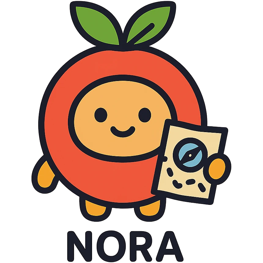 cute nutrition guide named Nora, round icon character, fruit or vegetable motif, smiling, holding tiny map or compass emoji