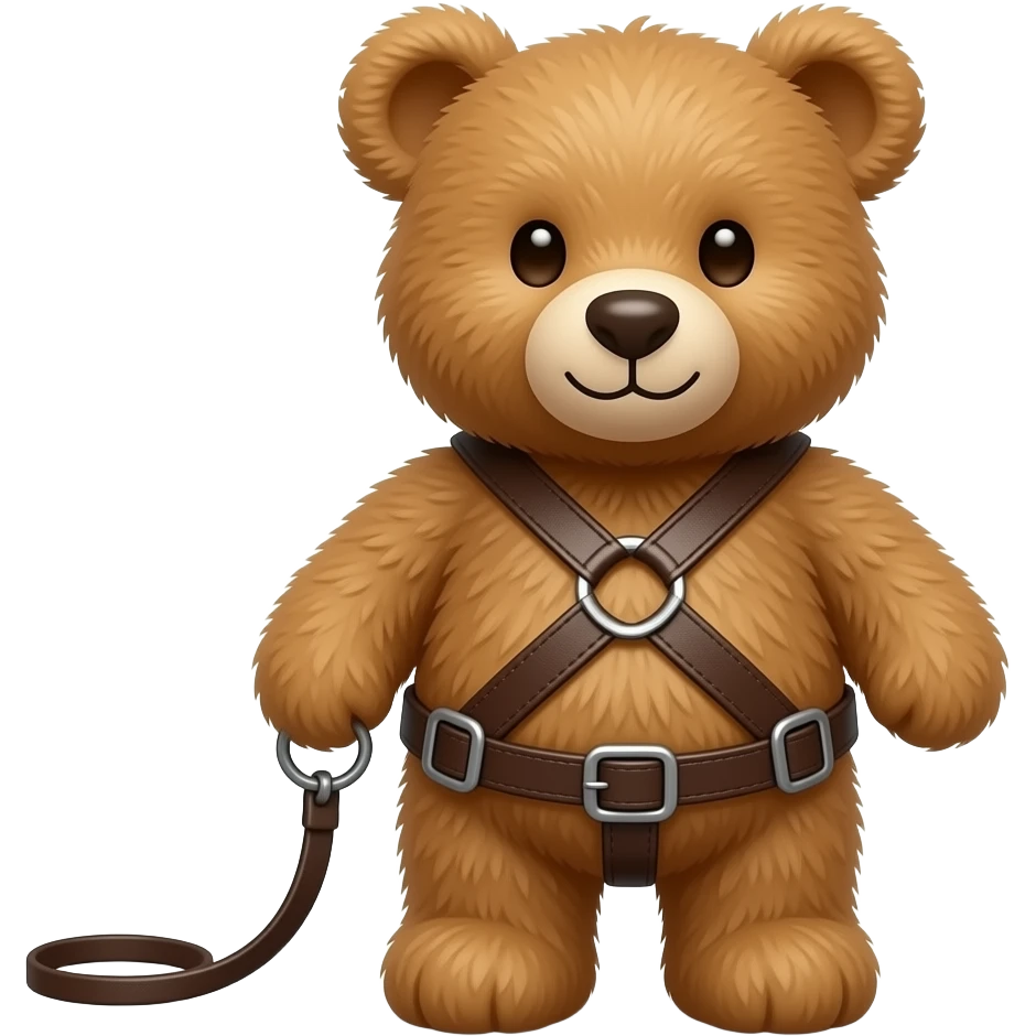 a teddy bear in a leather harness on a leash emoji