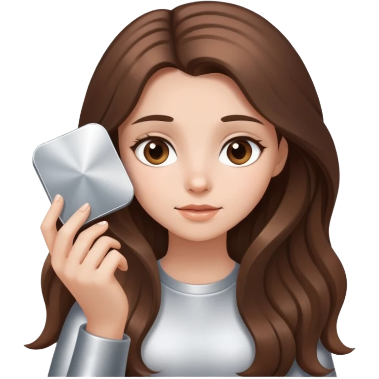 A girl with long brown hair holding a silver gradient emoji
