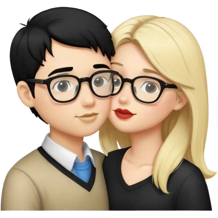 A blonde girl with NO glasses kissing a boy with glasses and black hair emoji