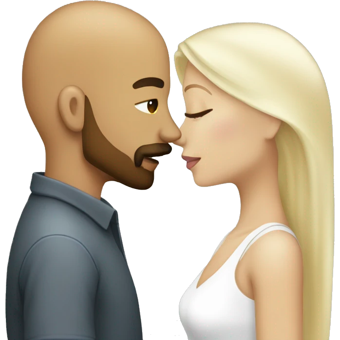 Dark tan male, bald with beard and mustache kissing a white female with long straight platinum blonde hair  emoji